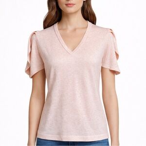 Marble Pink V Neck Sweater S Split Sleeve Puff Sleeve Cotton Knit NWT